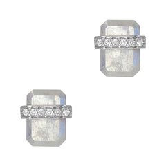 rainbow moonstone ethos post earrings - featuring a flat cut oblong colored stone with a belt of gold and diamonds