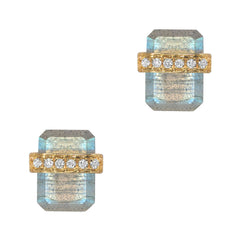 labradorite ethos post earrings - featuring a flat cut oblong colored stone with a belt of gold and diamonds