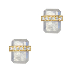 rainbow moonstone ethos post earrings - featuring a flat cut oblong colored stone with a belt of gold and diamonds