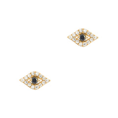 14k gold evil eye earrings with white and black diamonds
