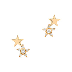 mini double star post earrings in gold with diamonds