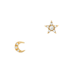 14k gold and diamond mini moon and star mismatch stud earrings