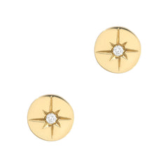 north star gold disc earrings with a hand carved starburst diamond