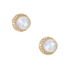 rose cut moon phase colored stone studs in 14k solid gold and diamonds