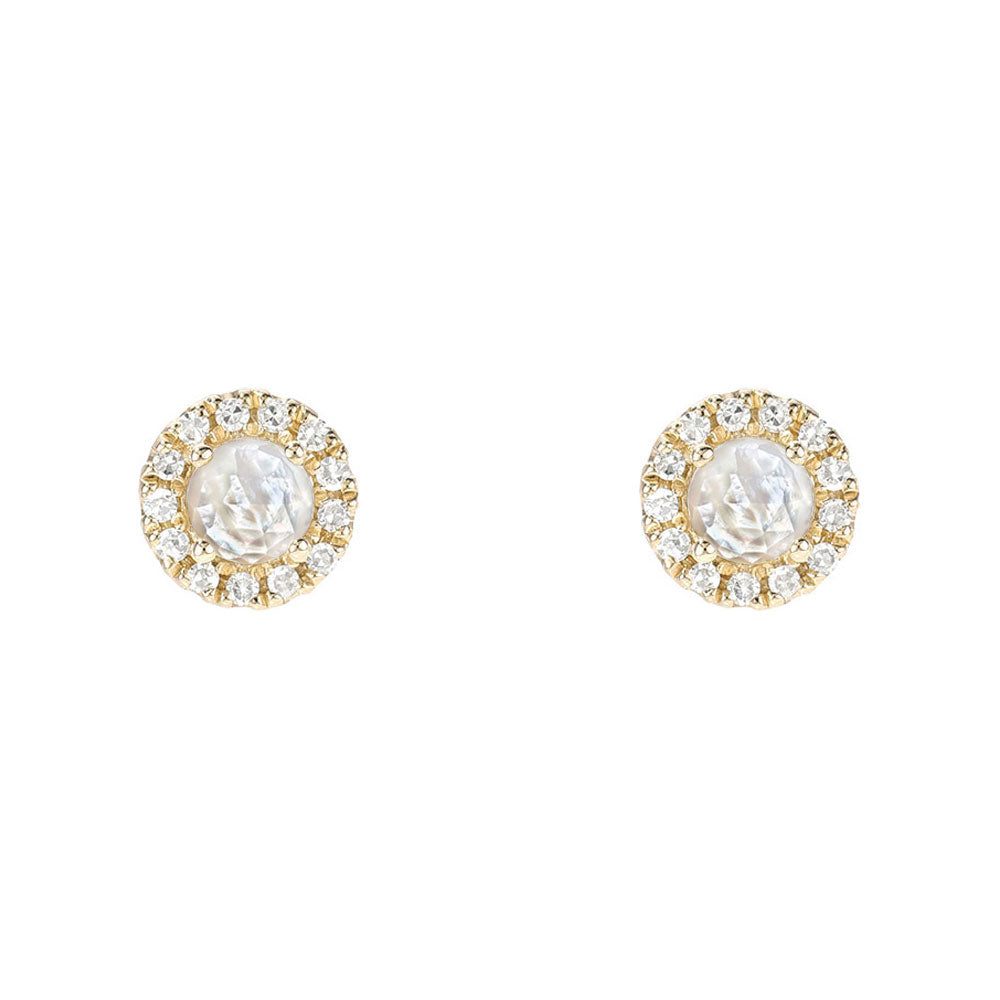14k gold and diamond mini studs with 3mm rose cut mother of pearl centers