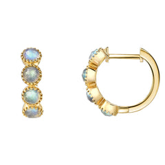 rose cut 3mm labradorite stones set on 14k gold huggie hoops