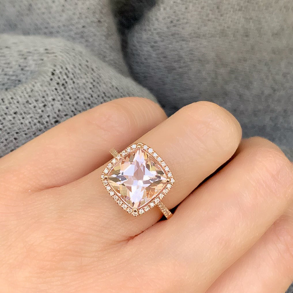 cushion cut morganite set in 14k gold with diamonds