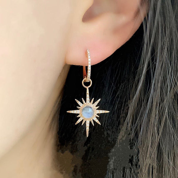 人気☆【VINTAGE HOLLYWOOD】☆Color Hoop Charm Drop Earrin.g Starburst Rainbow Moonstone Charms on Huggies | Liven Drop