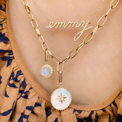 example of a custom name necklace of a daughter's name in mom's handwriting