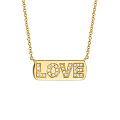 gold and diamond hand carved love plaque wording necklace