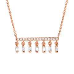 14k god and micropave diamond bar necklace with a fringe of baguette cut diamonds