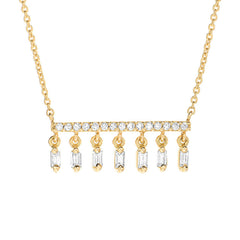 14k god and micropave diamond bar necklace with a fringe of baguette cut diamonds