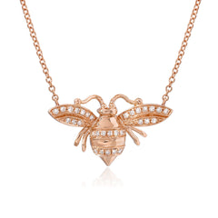 larger bee necklace in 14k rose gold with diamonds
