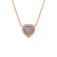 rose cut faceted heart shaped labradorite in a custom made diamond and gold halo