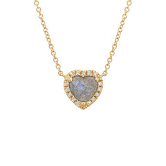rose cut faceted heart shaped labradorite in a custom made diamond and gold halo