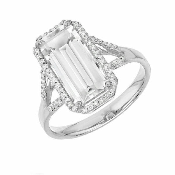 Emerald Cut Split Shank White Topaz Ring | Cocktail Ring