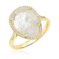 Organic shaped rainbow moonstone ring in diamond halo