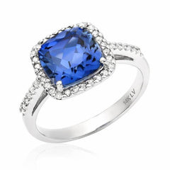 cushion cut blue corundum ring in white gold