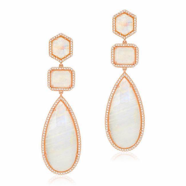 Triple rainbow moonstone post earrings in rose gold