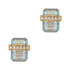 labradorite ethos post earrings - featuring a flat cut oblong colored stone with a belt of gold and diamonds