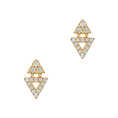geometric double triangle studs in 14k gold and diamonds