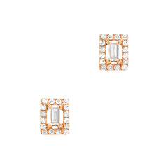 14k gold and diamond baguette halo studs