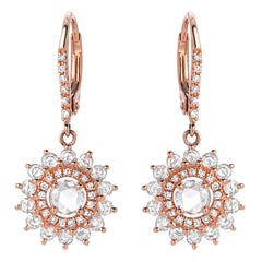 14k gold earrings featuring rose cut diamond centers with a double halo of brilliant and rose cut diamonds
