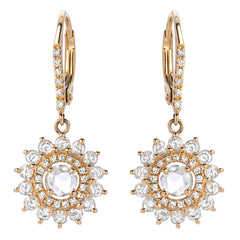 14k gold earrings featuring rose cut diamond centers with a double halo of brilliant and rose cut diamonds