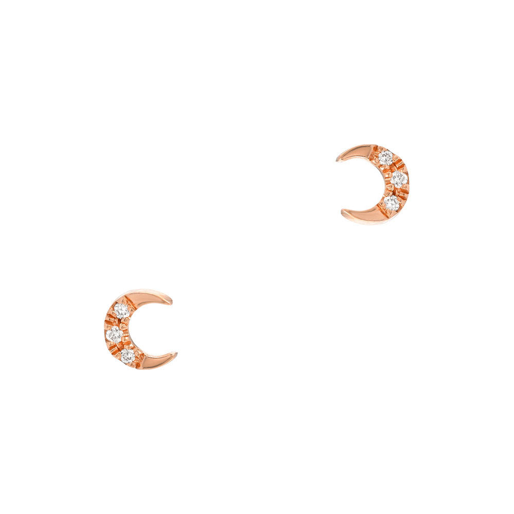 mini crescent moon earrings in gold and diamonds