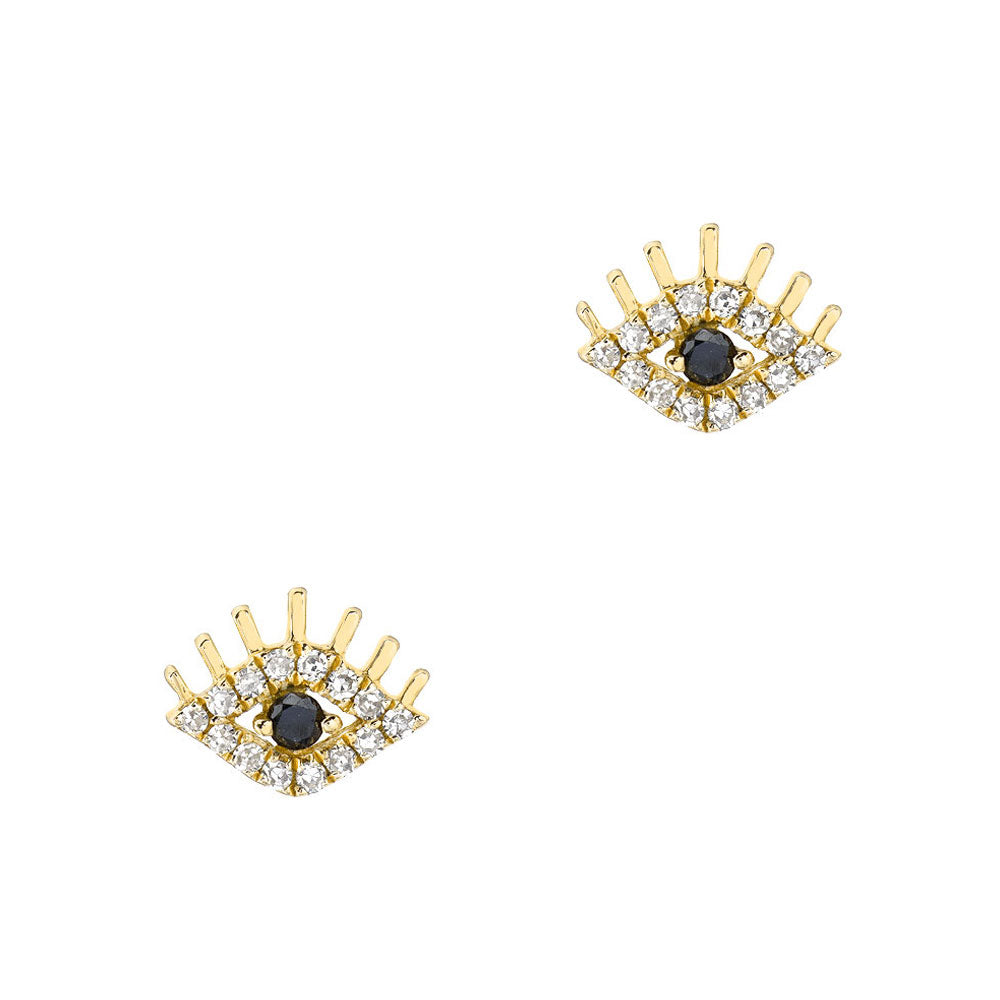 14k gold evil eye earrings with white and black diamonds and gold eyelashes