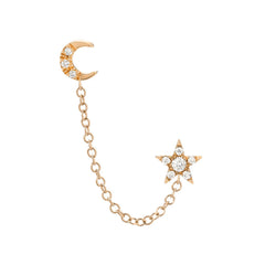 chain connected stud earrings for double pierced ears with star and moon in diamonds and gold