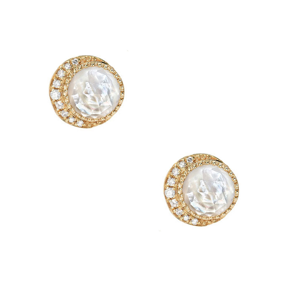rose cut moon phase colored stone studs in 14k solid gold and diamonds