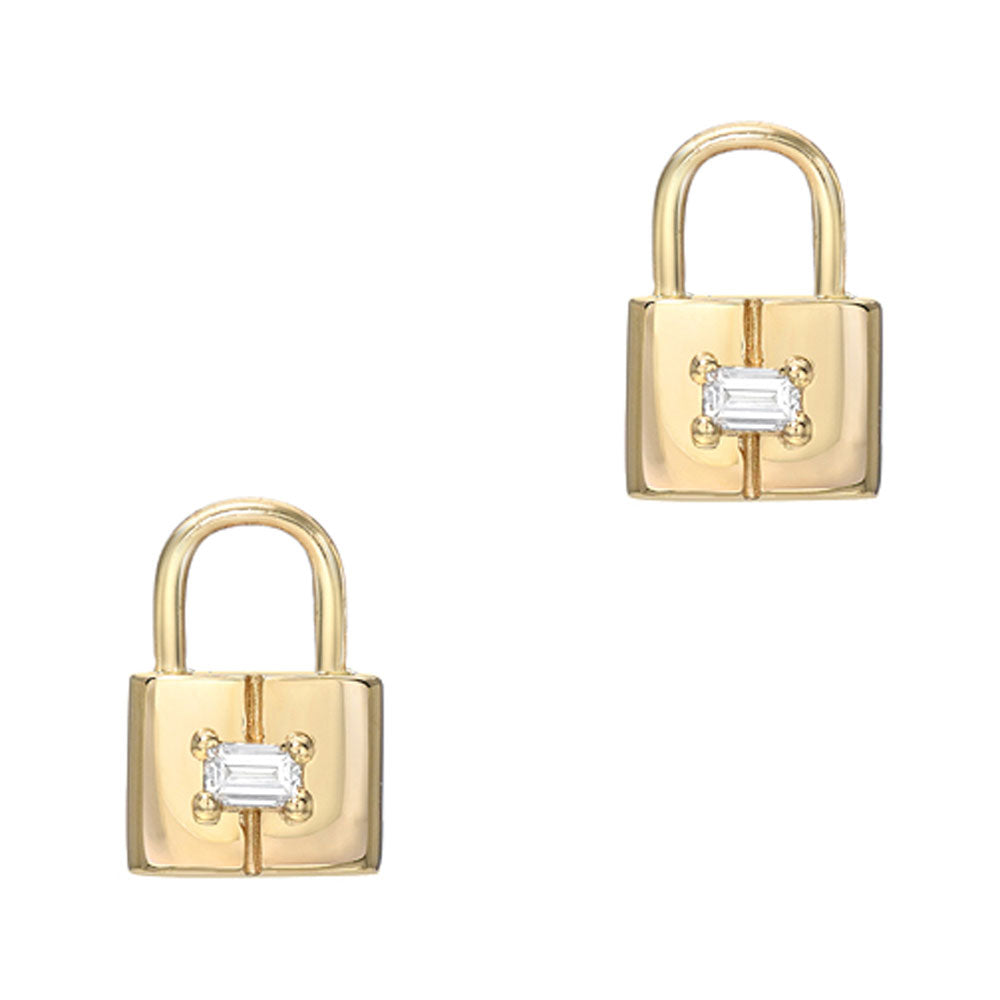 baguette diamond and gold petite padlock earring charms