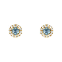 3mm petite london blue topazes rose cut in house and haloed with gold and diamonds