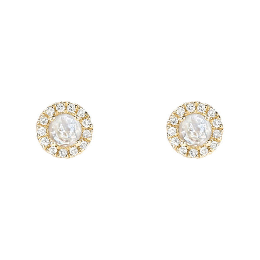 14k gold and diamond mini studs with 3mm rose cut mother of pearl centers