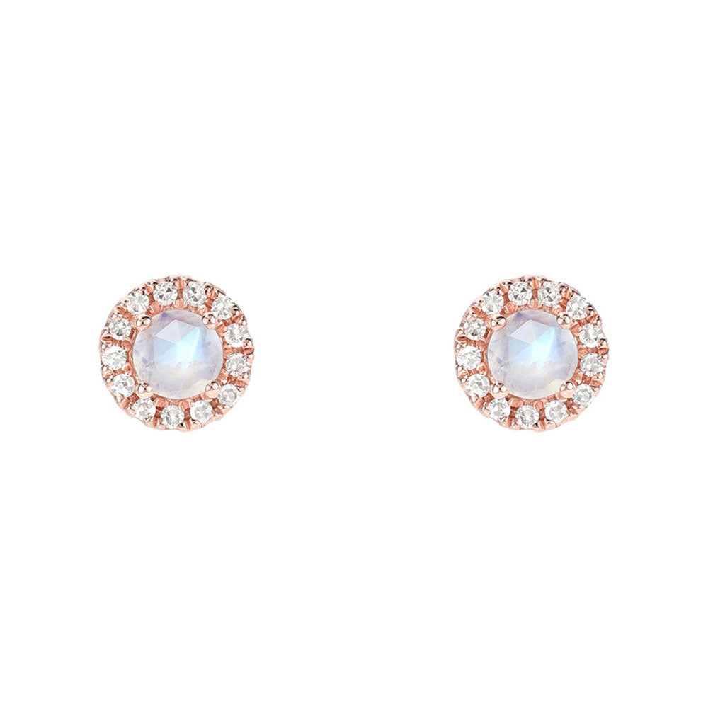 Authentic Rainbow Moonstone & G-H Diamond Halo Earring 14k Gold Detach