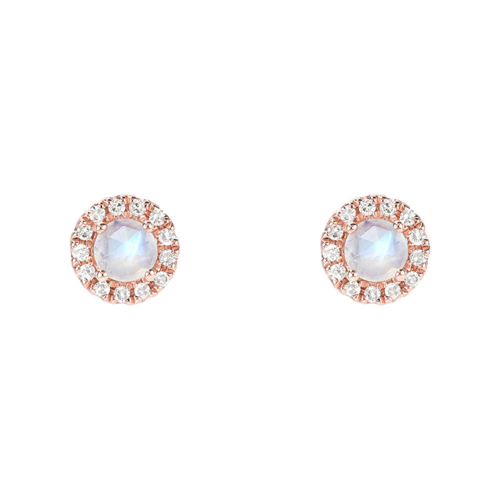 rainbow moonstone mini rosies in solid 14k gold with natural diamonds