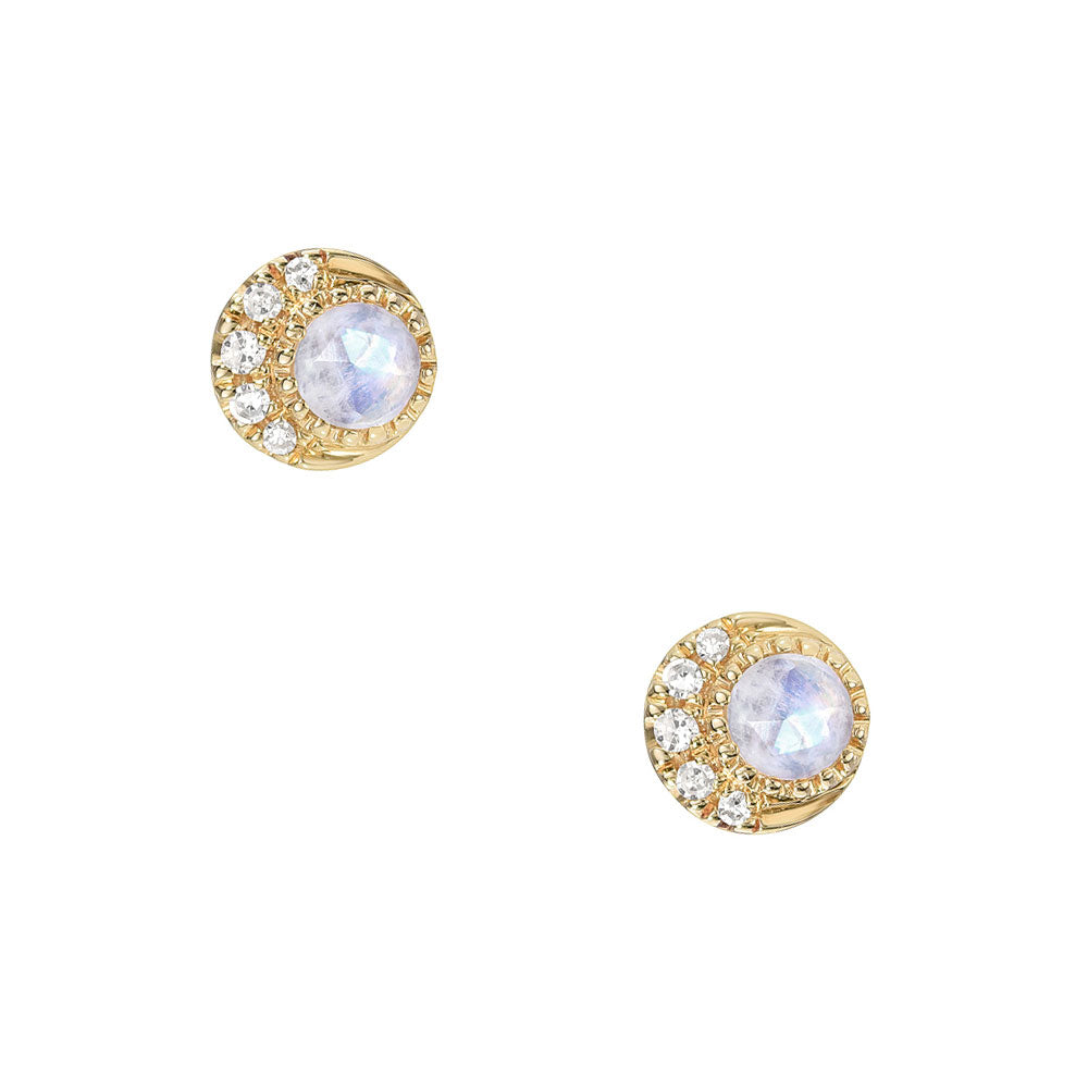 14k solid gold and diamond mini moon phase stud earrings