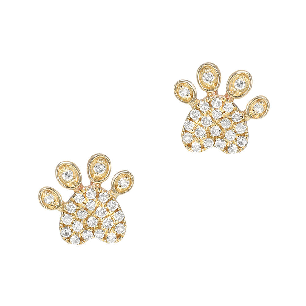 dog paw print stud earrings in gold and diamonds