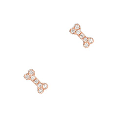 itty-bitty dog bone stud earrings in gold and diamonds