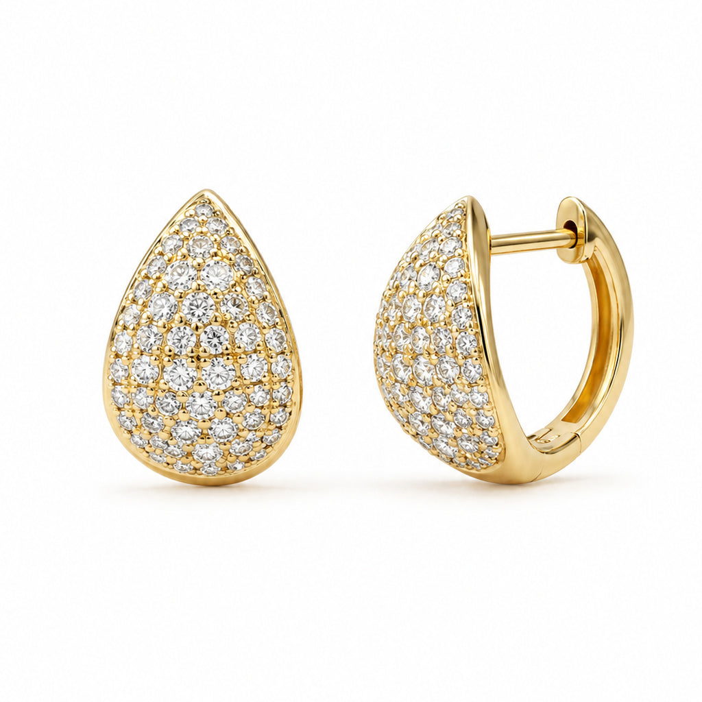 gold teardrop shape huggie hoop earrings with diamonds