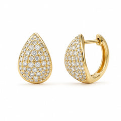 gold teardrop shape huggie hoop earrings with diamonds