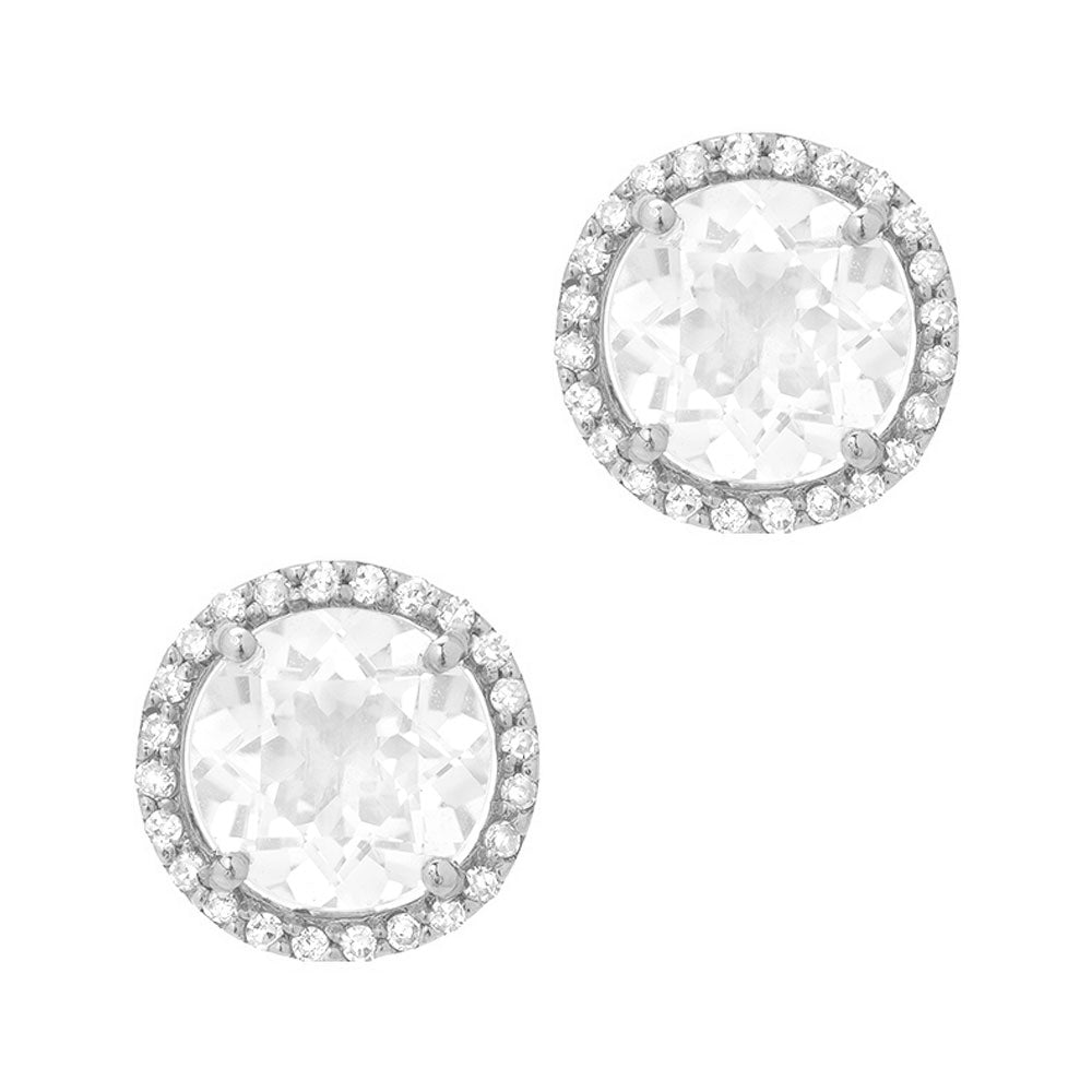 White Topaz Stud Earrings | Round Stone Earrings with Halo | Liven
