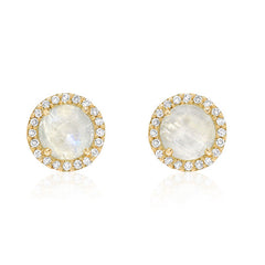14k solid gold and natural diamond post earrings with a rainbow moonsotne center stone