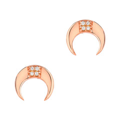 horn crescent studs in 14k gold with diamonds