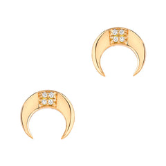horn crescent studs in 14k gold with diamonds