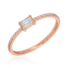 Diamond halfway band with baguette diamond center in 14k gold