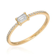 Diamond halfway band with baguette diamond center in 14k gold