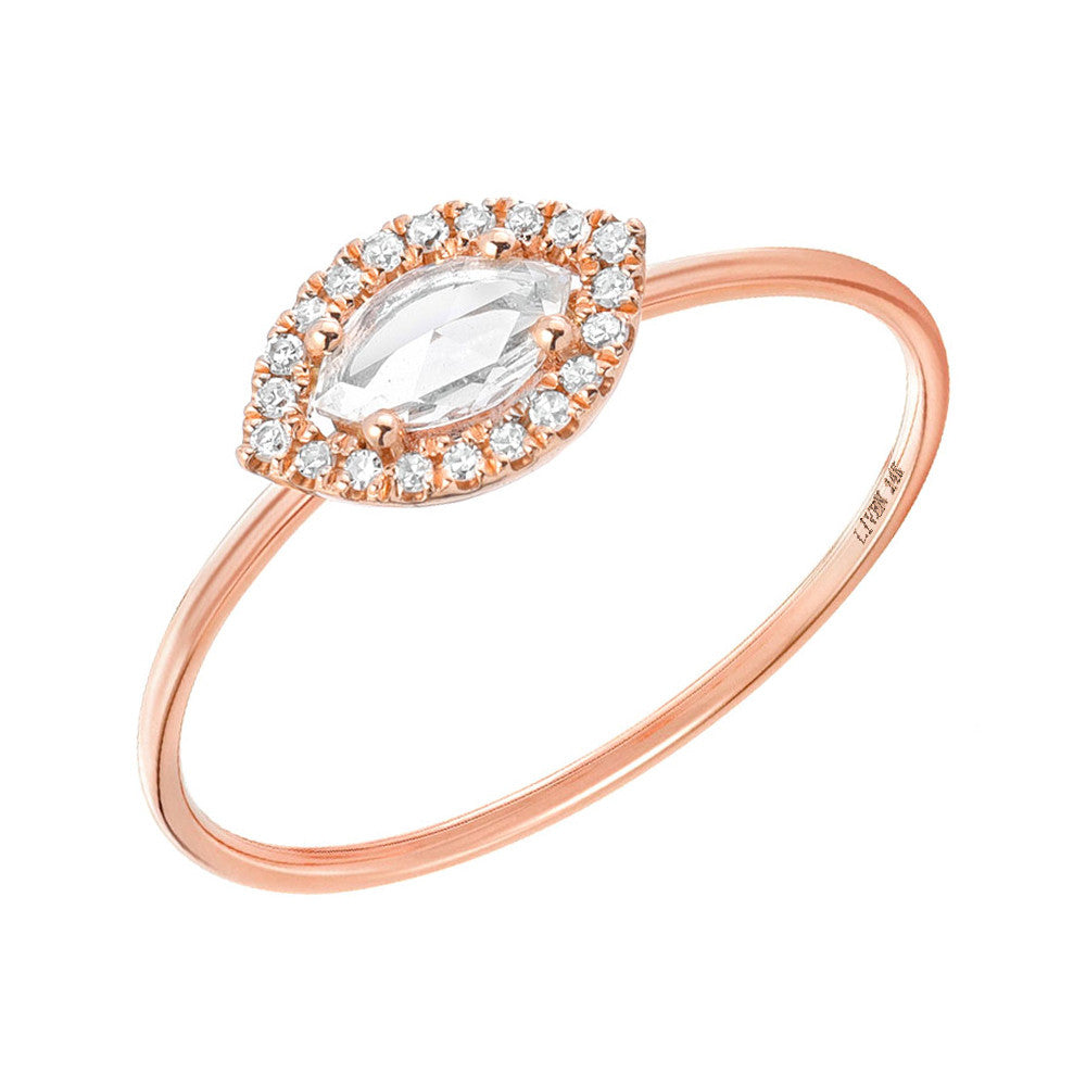 rose cut marquise diamond in halo on wire band