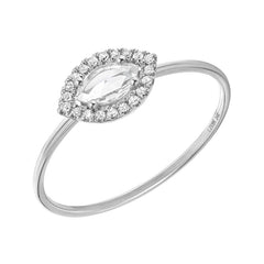 rose cut marquise diamond in halo on wire band